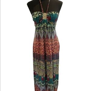 Geometric Tribal Print Halter‎ Maxi Dress Teal Orange Gold Detail Size M